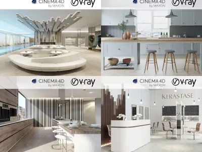 Set 1 - VRay C4D - 4 x Interior Scenes 3D Model Collection
