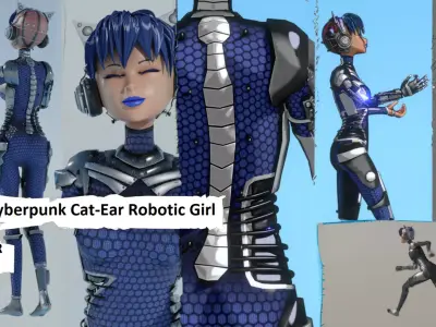 Cyberpunk Cat-Ear Robotic Girl Low-poly 3D model