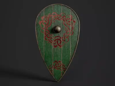 Slavic kite wooden shield-painted green with uroboros symbol Low-poly 3D model