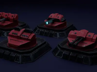 Sci-Fi Gun Turret Set x4 - Game Ready PBR Low Poly Low-poly 3D model
