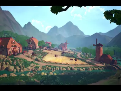 Stylized Windmill Valley Low-poly 3D model