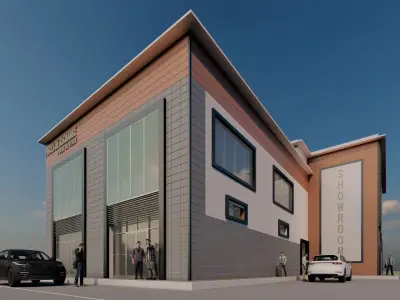 3D Showroom building with cars parked Low-poly 3D model