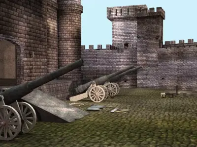 Castle cannons in courtyard of medieval 3D model