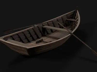 wooden boat with oars Low-poly 3D model