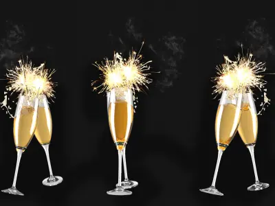 Festive Glasses with Champagne and Sparklers 3D model
