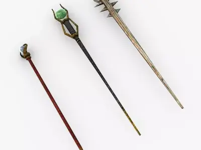 Low poly Staffs golden wand with gemstone Low-poly 3D model