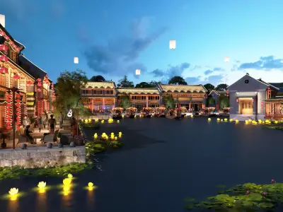 town Chinese style commercial residential buildings 3D model