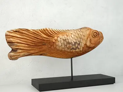 Japanese Hand Carved Vintage Wooden Fish Statue on Stand 3D model