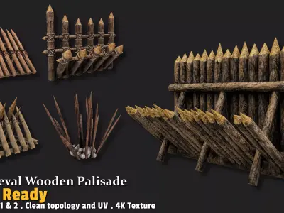 6 Medieval Wooden Palisade Game-Ready Pack 3D model