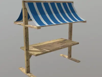 Booth wooden table with striped awning Free low-poly 3D model