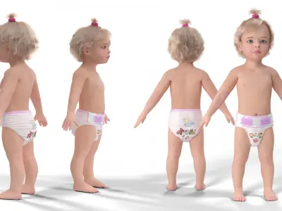 One Year Old Girl in Diaper Fur Rigged 3D model