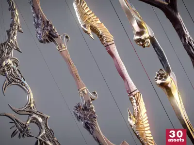 Fantasy Bow and Arrow Set High-poly and Game-Ready Low-poly 3D model
