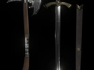 Medieval weapon set sword and axe Low-poly 3D model