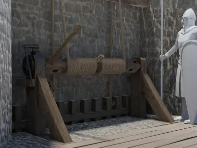 Medieval portcullis gate and winch animated Low-poly 3D model