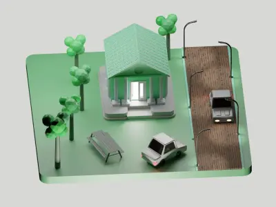 Low poly Isometric 3d Bank with cartoon car Low-poly 3D model