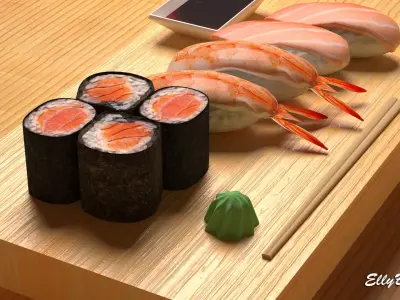 Sushi with chopsticks on wooden table 3D model