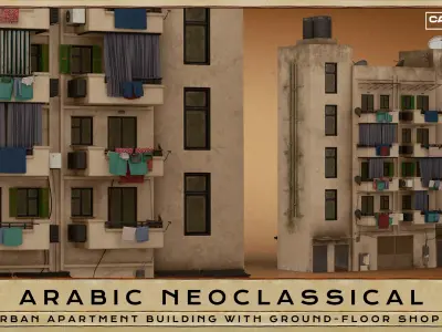 Arabic Neoclassical Apartment Building with Ground-Floor Shops Low-poly 3D model