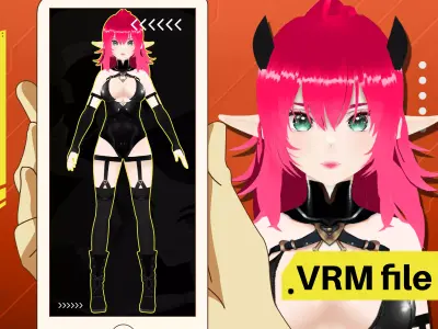 VRM DEMON SUCCUBUS HORNED LATEX SUIT GOTHIC PINK HAIR 3D model