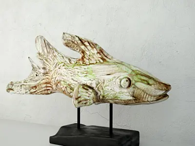 Hand Carved Driftwood Fish On Stand 3D model