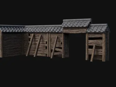 RUINED JAPANESE WALLS PALISADE FEUDAL FENCE BARRIER COLLECTION Low-poly 3D model