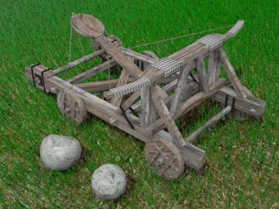 3D Catapult wooden cart in grass Low-poly 3D model