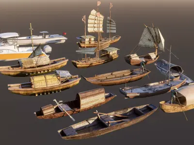 Wooden boat collection 3 Low-poly 3D model