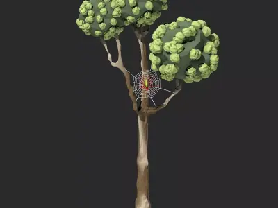 Cartoon Tree with Spider Web Low-poly 3D model