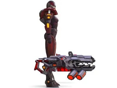 Woman Cyborg Machine Gun Rifle and Pistol Low-poly 3D model