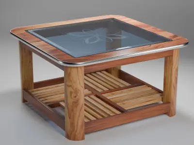 Wooden Glass Table Free low-poly 3D model