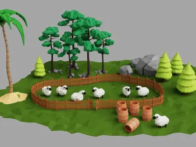 Props for Unity Trees sheep barrel fence rocks Low-poly 3D model