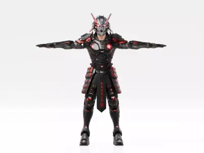 Cyberpunk Robot Samurai - Rigged Low-poly 3D model