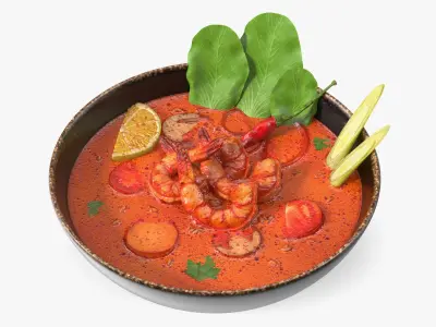 Spicy Tom Yum Soup with Shrimp and Bok Choy Leaves 3D model