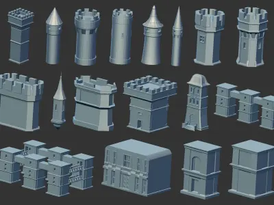 100 Low poly medieval fantasy castle fortress kitbash IMM brush 3D model