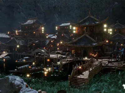 Chinese Lakeside Town Environment Low-poly 3D model