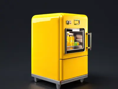 Stylized Yellow Display Fridge 3D Model Retro Glass Refrigerator Low-poly 3D model