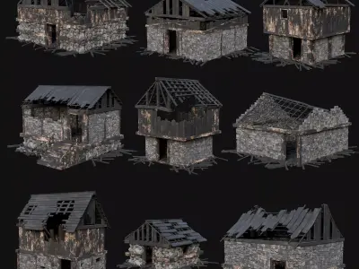 BURNED STONE HOUSES RUIN DESTROYED COTTAGE OLD AAA COLLECTION Low-poly 3D model