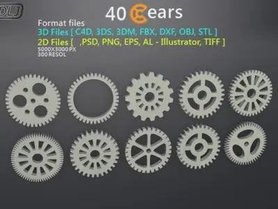40 Gears 3D-2D Format files Low-poly 3D model