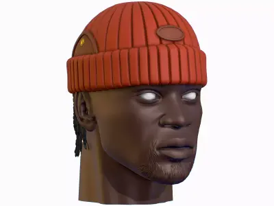 High Poly Male African American Head Warm Hat Low-poly 3D model
