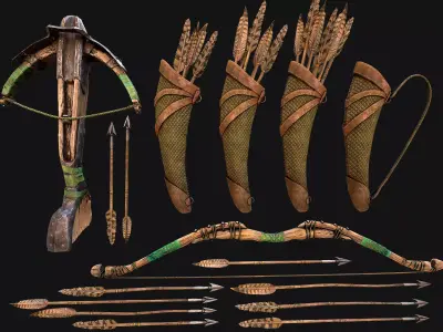 Bow Crossbow Quiver Arrows Archer Medieval Set Low-poly 3D model