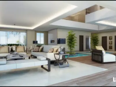 Modern White Living Room With Waterpool Free 3D model