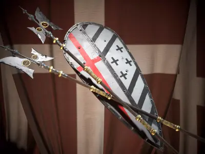 Medieval templar battle halberd and Big knight shield pack Low-poly 3D model