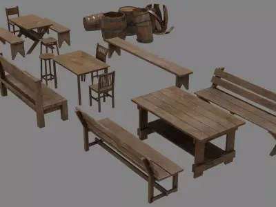 Free set of 18 wooden objects Low-poly 3D model Free low-poly 3D model