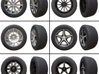 Pack of Tyres and Alloys - 6 Alloy Wheels and 5 Tyre Textures Low-poly 3D model