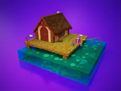 fishing and wooden cabin voxel art 3D model