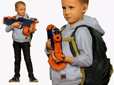 001133 junior boy with water rifle bag behind 3D model