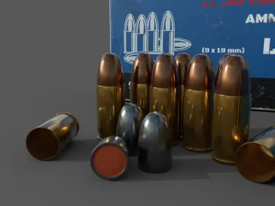 Ammo boxes and cartridges 9x19 mm 3D model
