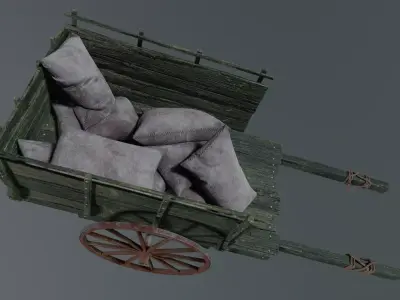 Medieval Wooden Wagon with Sacks Low-poly 3D model