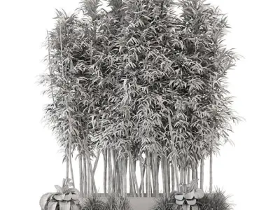 Indoor Plants Bamboo Set in rusty Concrete pots - set 1894 3D model