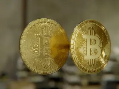 Bitcoin two gold bitcoins on table Low-poly 3D model