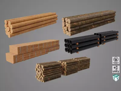 Log Trailer 5 Loads with Single Mat Collection All PBR Textures Low-poly 3D model